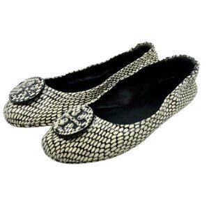 TORY BURCH~Minnie~TRAVEL BALLET FLAT~COBRA PRINT LEATHER REVA LOGO 7.5